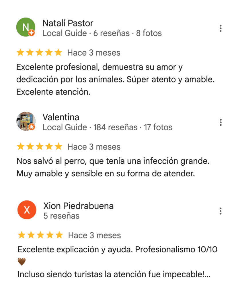 3 testimonios 5 estrellas de clientes