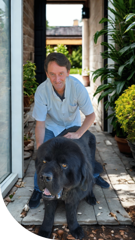 Veterinario sosteniendo perro negro grande